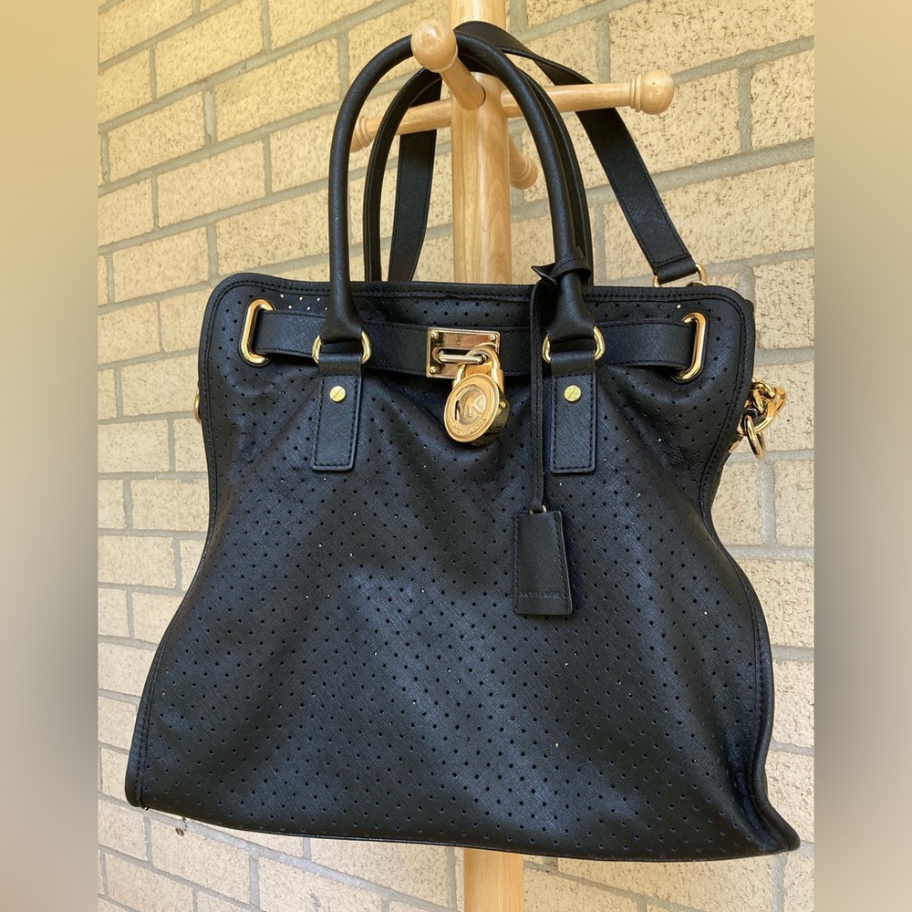 Michael Kors LARGE Black Leather Perforated Hamilton Tote Bag Gold Hardware